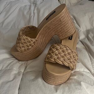 Nine West Woven Tan Platform Slide Sandals
